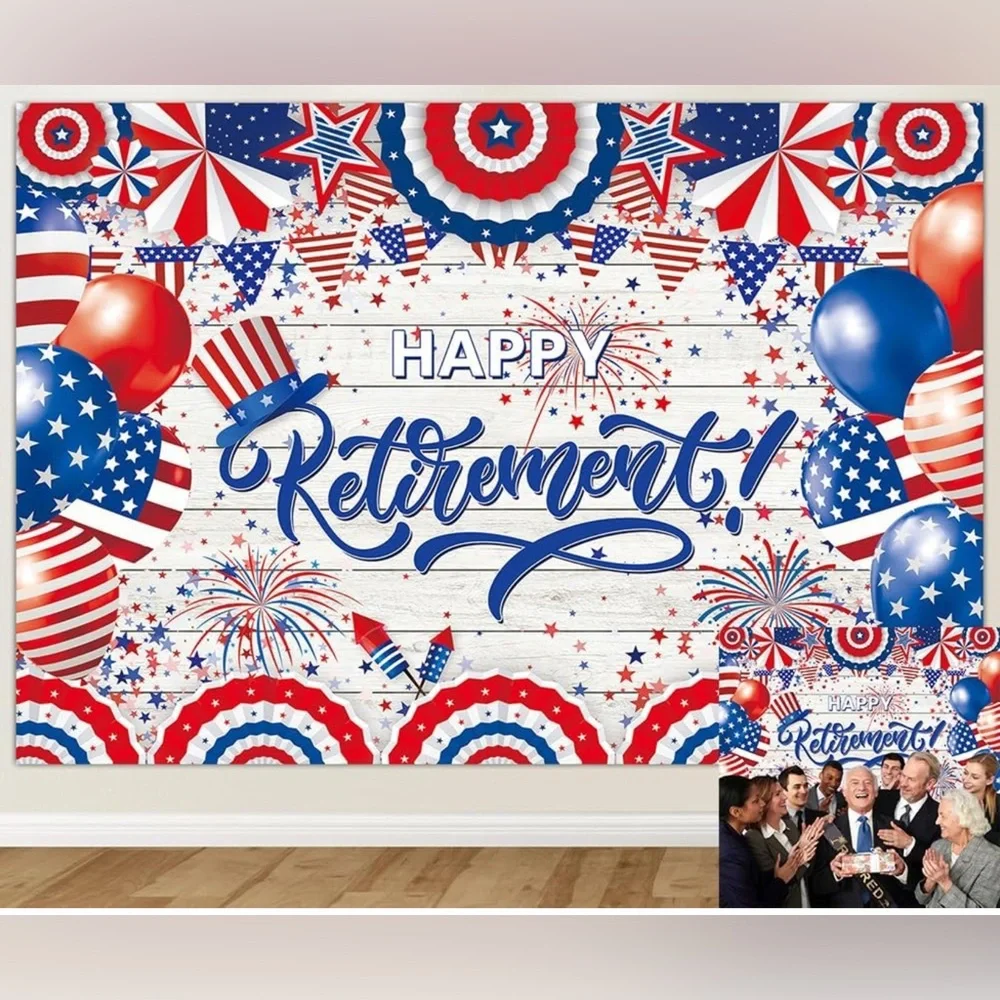 Patriotic Military Retirement Party Photo Backdrop Banner & Star Streamers Decor